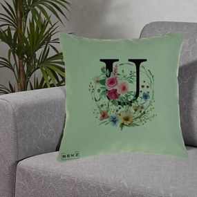 Cadou Personalizat - Perna Personalizata Monogram Litera U cu Flori Acuarela, 40x40 cm, Verde, Husa Detasabila, Perna Inclusa, BEKZ®