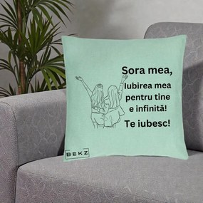 Cadou pentru Sora - Perna Personalizata Sora Mea Te Iubesc Line Art Doua Fete cu Brate Ridicate, 40x40 cm, Verde Menta, Husa Detasabila, Perna Inclusa, BEKZ®