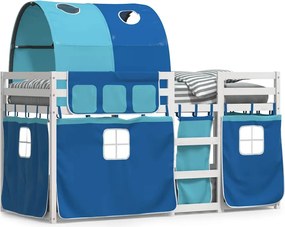 vidaXL Pat supraetajat cu perdele, albastru, 75x190 cm, lemn masiv pin