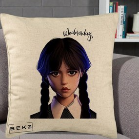 Perna Personalizata Wednesday Addams Portret Realist, 40x40 cm, Bej, Husa Detasabila, Perna Inclusa, BEKZ®