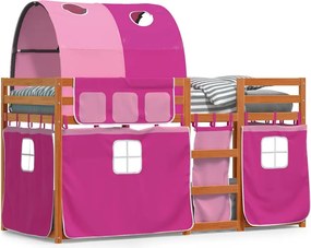 vidaXL Pat supraetajat cu perdele, roz, 80x200 cm, lemn masiv pin