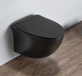 Set vas wc rimless suspendat negru mat, asimetric, cu capac softclose, Foglia Alice Negru mat