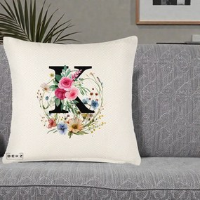 Cadou Personalizat - Perna Personalizata Monogram Litera K cu Flori Acuarela, 40x40 cm, Crem Reliefat, Husa Detasabila, Perna Inclusa, BEKZ®