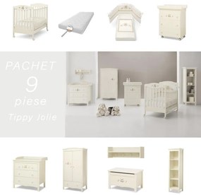 Pachet 9 Piese Pat Saltea Set Textil Comoda Cabinet Dulap Banca Cuier Etajera Tippy Jolie