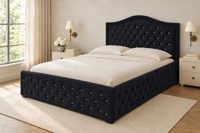 Pat tapițat Chesterfield din catifea Solaria Deluxe Cristal 180×200 cm, negru, cu ladă de depozitare