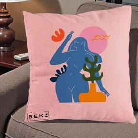 Perna Decorativa Femeie Albastra Cactus, 40x40 cm, Roz, Husa Detasabila, Perna Inclusa, BEKZ®