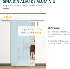 HOMCOM Ușă Glisantă Interioară din Sticlă Securizată, Sistem de Glisare cu Șină Aluminiu, 90x205x0.8cm | Aosom Romania