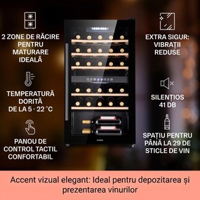Klarstein Barossa 29 Duo, frigider pentru vin, 29 sticle, 80 litri, 2 zone, buton de control