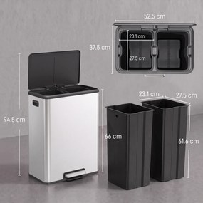 HOMCOM Coș de bucătărie 2 x 30 L, cu pedală, din oțel inoxidabil, găleți detașabile și capac soft-close, argintiu | Aosom Romania