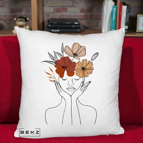 Perna Decorativa Portret Feminin Coroana Trei Flori, 40x40 cm, Alb Pufos, Husa Detasabila, Perna Inclusa, BEKZ®