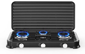 Aragaz triplu cu capac Rosberg R51454D3, 2x2.2kWh 1x1kWh, 30 mbar, Otel carbon, Negru