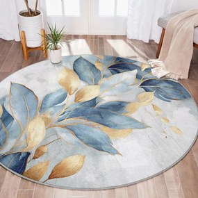 Covor albastru/auriu lavabil rotund ø 80 cm Golden Leaves – Mila Home