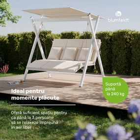Leagăn hollywoodian FlexiSwing cu 3 locuri, spătar reglabil + copertină solară, rezistent la intemperii.