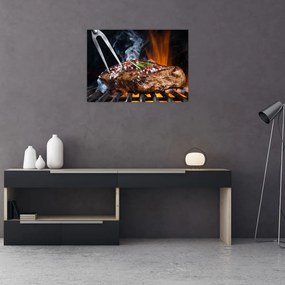 Tablou pe sticlă cu steac pe grill (70x50 cm)