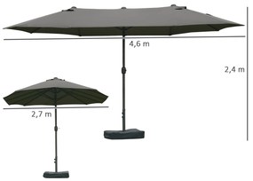 Outsunny Umbrelă de grădină exterioară, umbrelă dublă rectangulară 4,6L x 2,7l x 2,4H m cu deschidere și închidere cu manivelă, saci de greutate și bază incluse, pentru balcon, piscină, gri | Aosom Romania
