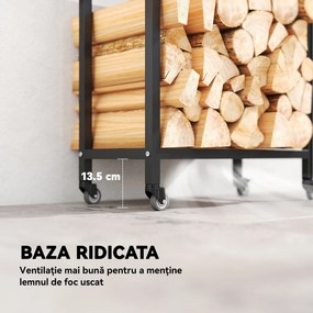Outsunny Suport pentru Lemne de Foc Exterior și Interior din Oțel pe Două Nivele și cu Roți Negru | Aosom Romania