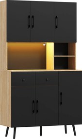 HOMCOM Bufet bucătărie mobilier bucătărie depozitare înalt cu lumină LED RGB plan de lucru 6 uși 2 sertare 100x40x176cm negru | Aosom Romania