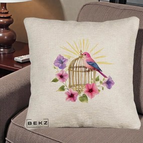 Perna Decorativa Pasare Roz pe Colivie Aurie cu Flori, 40x40 cm, Bej Canapea, Husa Detasabila, Perna Inclusa, BEKZ®