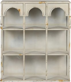 Etajeră de perete din metal, alb, trei arcade și 2 rafturi compartimentate, finisaj antichizat, 70 x 60 x 20 cm, „Fontaine”