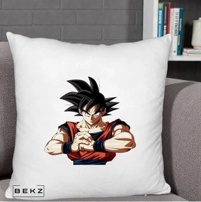 Perna Personalizata Dragon Ball Goku Portret Serios, 40x40 cm, Alb Pufos, Husa Detasabila, Perna Inclusa, BEKZ®