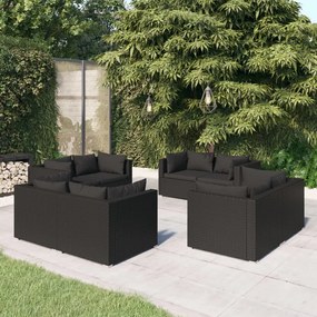 Set mobilier de gradina cu perne, 8 piese, negru, poliratan Negru, 8x colt, 1