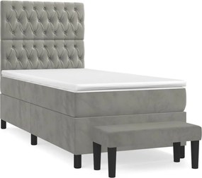 vidaXL Pat box spring cu saltea, gri deschis, 90x190 cm, catifea