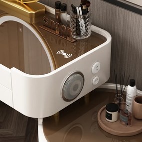 RESIGILAT- Set Lucia Premium, Masă de toaletă pentru machiaj, incarcare Wireless+USB+USB C, difuzor Bluetooth, oglindă iluminată LED, control touch, trei tipuri culoare, 6 sertare, scaun, 100 cm
