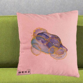 Perna Decorativa Abstract Acuarela Albastru-Mov cu Cercuri Aurii, 40x40 cm, Roz, Husa Detasabila, Perna Inclusa, BEKZ®