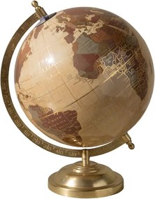 Glob pământesc decorativ din hârtie și metal, natur și maro, hartă în tonuri calde, bază aurie profilată, finisaj lucios, 28 x 20 cm, „Atlas”