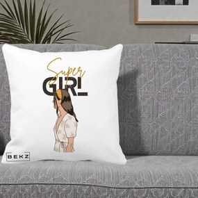 Perna Decorativa Super Girl Aesthetic, 40x40 cm, Alba Mata, Husa Detasabila, Perna Inclusa, BEKZ®