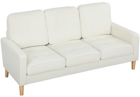 HOMCOM Canapea cu 3 locuri cu perne groase, lemn de cauciuc, acoperiș textil, canapea capitonată pentru sufragerie, birou, dormitor, crem-alb | Aosom Romania