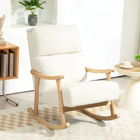 HOMCOM Scaun Balansoar Tapițat din Catifea Teddy, cu Spătar Ergonomic și Picioare din Lemn de Cauciuc,  Alb crem | Aosom Romania