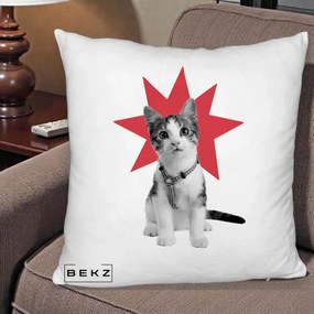 Perna Decorativa Pisica Star Pop Art, 40x40 cm, Alb Pufos, Husa Detasabila, Perna Inclusa, BEKZ®