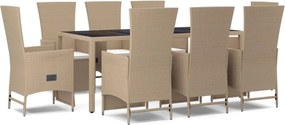 vidaXL Set de masă pentru grădină, 9 piese, cu perne, bej, poliratan