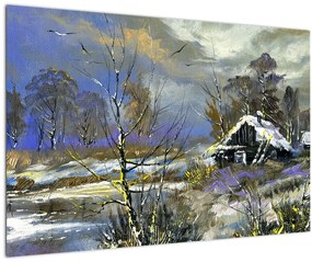 Tablou -Cabane într-un peisaj de iarnă, pictură în ulei (90x60 cm)