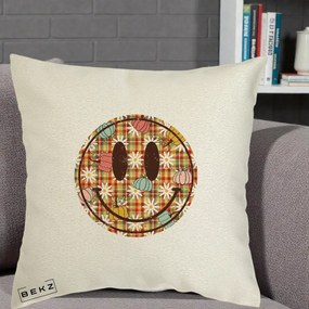 Perna Decorativa Smiley Face de Toamna cu Tartan si Dovlecei, 40x40 cm, Ecru, Husa Detasabila, Perna Inclusa, BEKZ®
