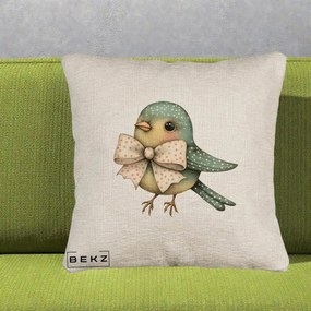 Perna Decorativa Pasare Teal cu Fundita cu Buline, 40x40 cm, Bej Canapea, Husa Detasabila, Perna Inclusa, BEKZ®