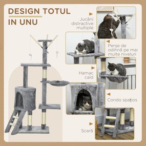 PawHut Turelă pentru pisici cu căsuță, stâlp de ascuțit gheare, platforme și 4 șoricei, din lemn, pluș și sisal, 50x35x134.2 cm, gri | Aosom Romania