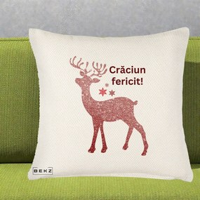 Perna Decorativa Ren Sclipitor Glitter Craciun Fericit, 40x40 cm, Crem Reliefat, Husa Detasabila, Perna Inclusa, BEKZ®