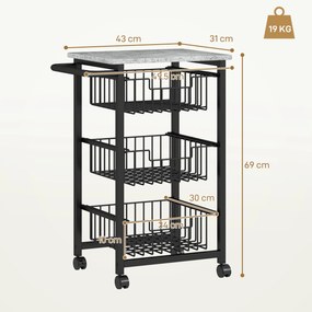 HOMCOM Cărucior de bucătărie cu 3 coșuri și mâner, din oțel și lemn, 49,5x31x69 cm, negru și gri deschis | Aosom Romania