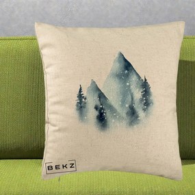 Perna Decorativa Munti Inzapeziti Acuarela Indigo, 40x40 cm, Bej, Husa Detasabila, Perna Inclusa, BEKZ®