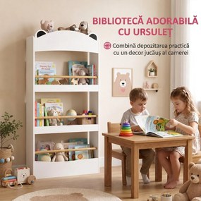 AIYAPLAY Bibliotecă Montessori pentru Copii 3-8 Ani, Ursuleț, cu 4 Polițe din Lemn, 50x15x97 cm, Alb | Aosom Romania