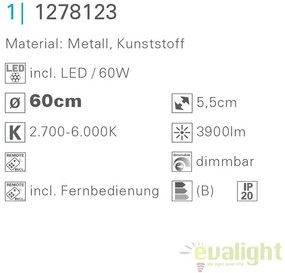 Plafoniera dimabila cu iluminat LED si telecomanda Lugano 60cm, 1278123 NV