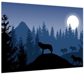 Tablou pe sticlă - Haita de lupi sub lună plină (70x50 cm)
