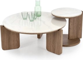 Set 2 masute cafea DIUNA, alb cu efect de marmura/nuc
