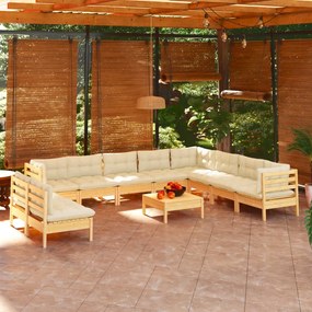 3096845 vidaXL Set mobilier grădină cu perne crem, 11 piese, lemn masiv de pin