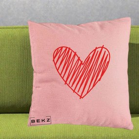 Perna Decorativa Inima Rosie Desen Manual, 40x40 cm, Roz, Husa Detasabila, Perna Inclusa, BEKZ®