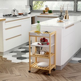 HOMCOM Carucior de bucatarie cu 4 nivele din MDF si lemn de pin cu 4 roti pivotante, 40x30x76 cm, alb si maro | Aosom Romania