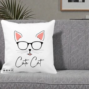 Perna Personalizata Cute Cat cu Ochelari, 40x40 cm, Alba Mata, Husa Detasabila, Perna Inclusa, BEKZ®