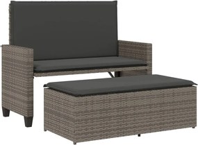 vidaXL Bancă de grădină cu perne și taburet, gri, poliratan